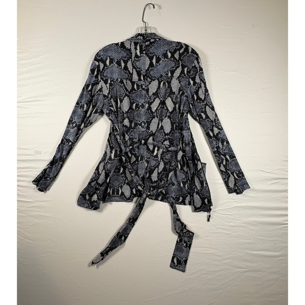 Chicos Blue Snakeskin Print Zip Front Belted Jacket Mock Neck Size 1 M